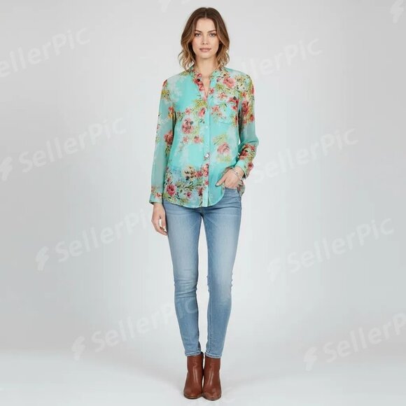 KUT From The Kloth Tops - KUT From The Kloth Women's Blue Floral Long Sleeve Chiffon Blouse Size Medium